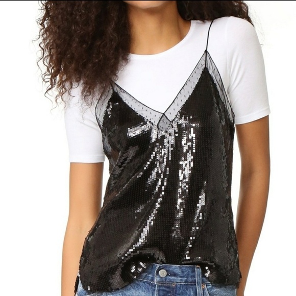Free People Top Sleeveless Sequins V-Neck Sleeveless Mesh Trim Black S NWT - Picture 7 of 8